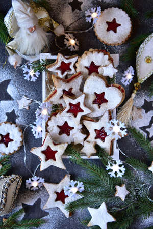 New Year's still life. Linzer biscuits and Christmas paraphernalia.