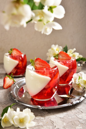 Two-color jelly of strawberries and cream in a beautiful glass, in a spring composition.の写真素材