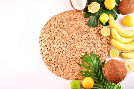 Concept flatlay background. Tropical fruits. Frame.の写真素材