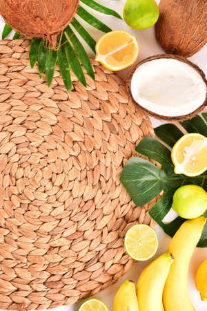 Concept flatlay background. Tropical fruits. Frame.の写真素材