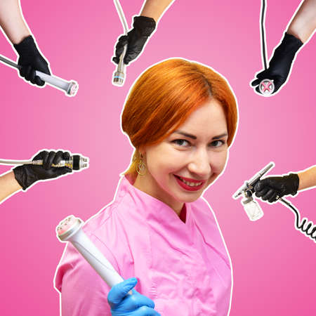 A woman beautician against the background of a collage of handpieces for carrying out hardware...