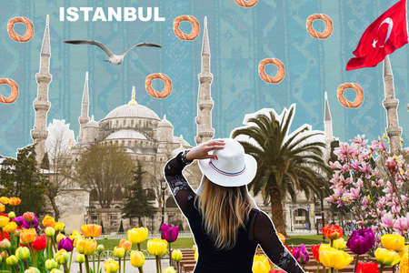 Travel collage of Istanbul sights, text, symbols of the city. spring season.の写真素材