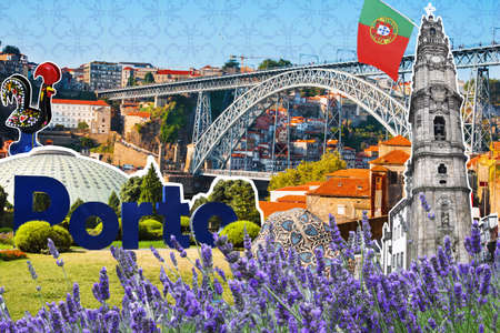 Creative collage with views and symbols of the city of Porto, summer season.の写真素材