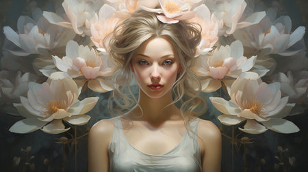 Abstract paint, black - white color portrait and colorful background. Oil painting. Modern art of young female model with flower. Illustration artwork, painting - woman face design on canvas textureの素材