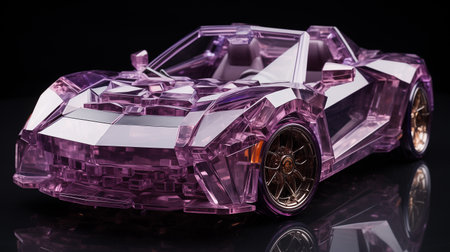 A car made from amethyst crystals. Beautiful sports car with amethyst texture, 3d, white, isolated backgroundの素材