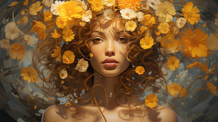Abstract paint, black - white color portrait and colorful background. Oil painting. Modern art of young female model with flower. Illustration artwork, painting - woman face design on canvas textureの素材