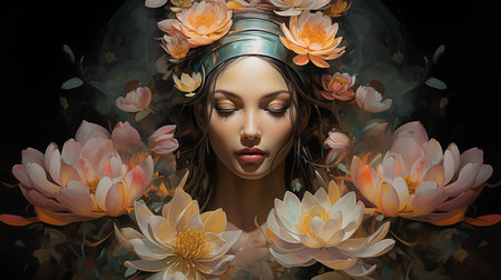 Abstract paint, black - white color portrait and colorful background. Oil painting. Modern art of young female model with flower. Illustration artwork, painting - woman face design on canvas textureの素材