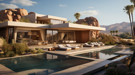 luxury modern backyard with a swimming pool, 3d renderingの素材