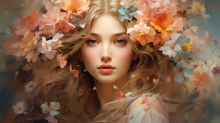 Abstract paint, black - white color portrait and colorful background. Oil painting. Modern art of young female model with flower. Illustration artwork, painting - woman face design on canvas textureの素材