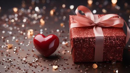 Valentine's day concept banner with hand made gift box, paper cut ribbon, bow, and a lot of hearts on a red background with space for text.の素材