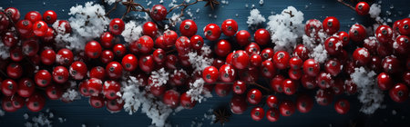 Christmas composition. Fir tree branches, red berries on gray background. Christmas, winter, new year concept. Flat lay, top view, copy spaceの素材