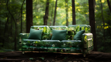 sofa made from empty plastic bottles, forest background, environmental conceptの素材