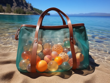 Colorful transparent beach bag on sea beach backgroundの素材