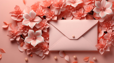 love letter envelope overflowing with paper craft hearts - flat lay on pink valentines or anniversary background with copy spaceの素材