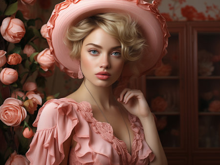 Close up portrait of an attractive young woman in summer dress and straw hat holding carnations bouquet and looking over her shoulder isolated over pink backgroundの素材