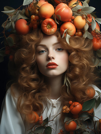 Shot of a beautiful young woman with fruits headwear. Food concept, healthcare.の素材