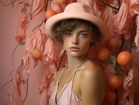 Close up portrait of an attractive young woman in summer dress and straw hat holding carnations bouquet and looking over her shoulder isolated over pink backgroundの素材