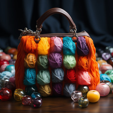 Bags with bobbins of colorful thread and woolen balls.の素材