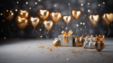 Valentine's day sale banner background with heart shape and gift box elements and balloons and ribbons decorations. Luxury design concept.の素材