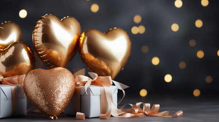 Valentine's day sale banner background with heart shape and gift box elements and balloons and ribbons decorations. Luxury design concept.の素材