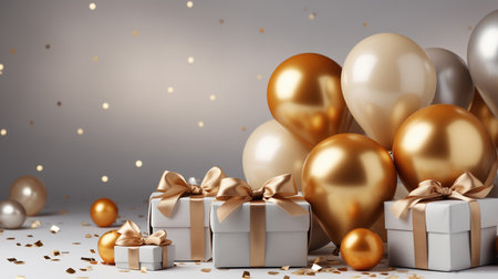 Valentine's day sale banner background with heart shape and gift box elements and balloons and ribbons decorations. Luxury design concept.の素材