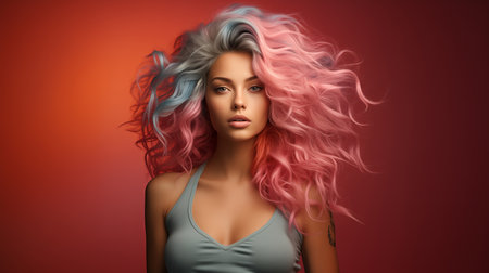 Beautiful woman with multi-colored hair and creative make up and hairstyle. Beauty faceの素材