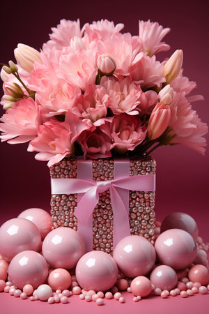 Gift box and beautiful rose flowers on pink background, closeupの素材