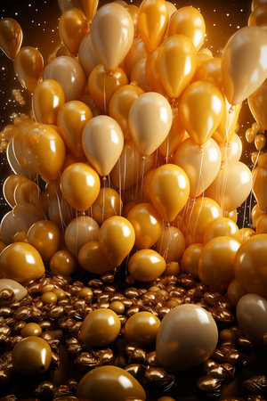 Christmas, new year or birthday background - wall decoration in golden and silver color with gifts and air balloons.の素材