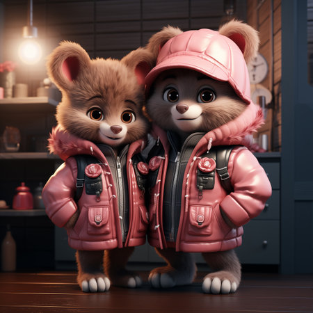 Graphic illustration two bear cubs in jackets stand side by side, cute children's book illustration with cubsの素材