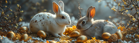 3d cut illustration of colorful easter rabbit, grass, flowers and blue egg shape. Happy easter greeting card template.の素材