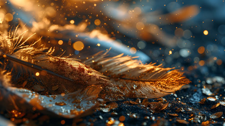 Gold feathers, bird wings plumage. Luxury vintage pen from quills. Soft fluffy golden feathers flying in air isolated on transparent background, vector realistic illustrationの素材