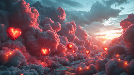 Futuristic Valentines Day greeting card with flying heart shape hot air balloon and gift box and clouds on dark blue to purple background. Modern wire frame mesh design vector illustration.の素材