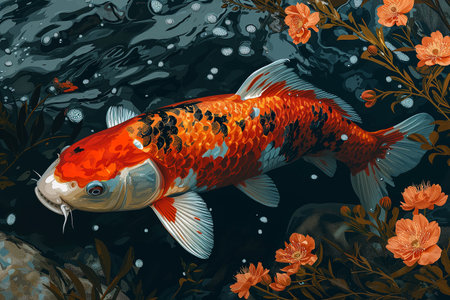 Koi fish swimming in pond with lily pads.の素材