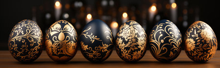 Happy Easter! Colorful Easter chocolate eggs with cherry blossoms flat lay on blue background. Stylish tender spring template with space for text. Greeting card or bannerの素材