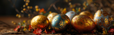 Happy Easter! Colorful Easter chocolate eggs with cherry blossoms flat lay on blue background. Stylish tender spring template with space for text. Greeting card or bannerの素材