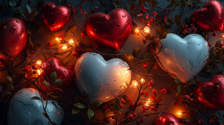 The red Heart shapes on abstract red glitter background. Love concept for valentines dayの素材