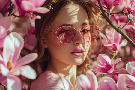 woman holds branch of magnolia with pink flowers. Allergy to flowering in spring. Risk of swelling of quintessential.の素材