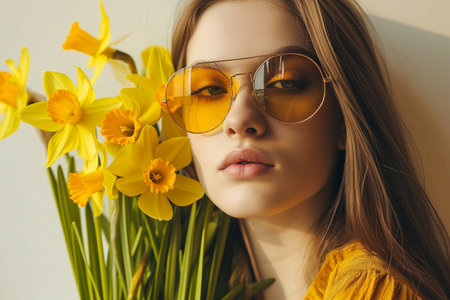 girl holding bouquet of yellow flowers.の素材