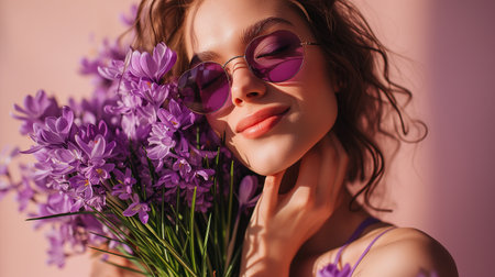 Close up photo of pretty cheerful lady stylish orange clothes arm direct empty space beauty procedure isolated on purple color backgroundの素材