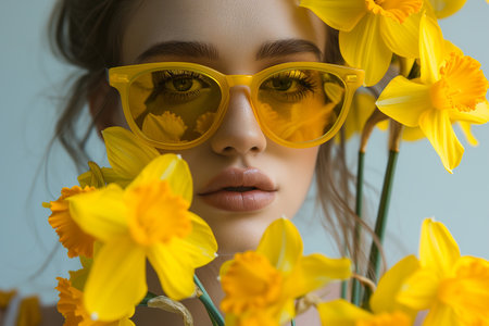 girl holding bouquet of yellow flowers.の素材