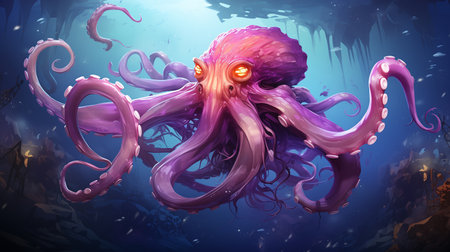 An octopus with an almost red and pink marbled skin moves among brown coral in an ocean shallow. The creatures tentacles whip around as it scuttles through the aquatic landscape.の素材