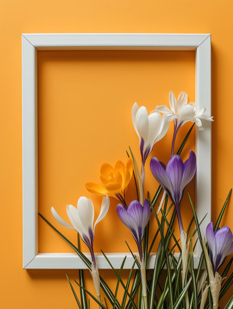A crocus flower with a letter on a blue background with imitation boards. The spring layout is suitable for greetings, invitations, flyers, and promotionsの素材