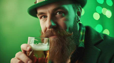 Saint Patricks Day. Surprised bearded man in leprechaun hat holding green beer with shamrock leaves. Patrick's Day pub party. Irish tradition. Festival on March 17th. Traditional holiday. Patrick's day.の素材