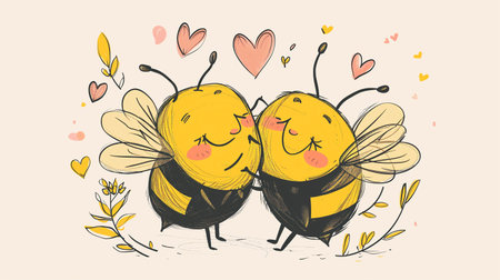Valentine's day background with cute bee cartoon and heart sign symbol on white background vector illustration.の素材