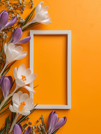 A crocus flower with a letter on a blue background with imitation boards. The spring layout is suitable for greetings, invitations, flyers, and promotionsの素材