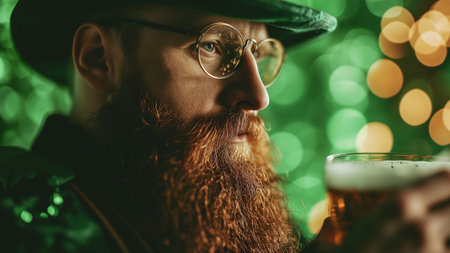 Saint Patricks Day. Surprised bearded man in leprechaun hat holding green beer with shamrock leaves. Patrick's Day pub party. Irish tradition. Festival on March 17th. Traditional holiday. Patrick's day.の素材