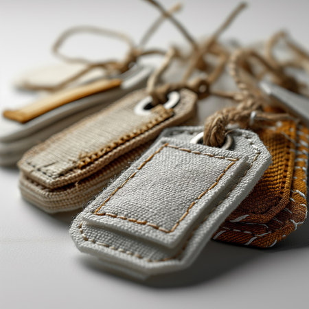 Brown leather label round shape with stitches. Leather patch with seamの素材