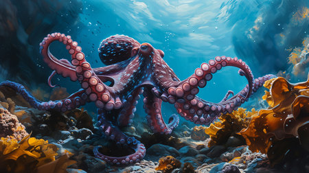 An octopus with an almost red and pink marbled skin moves among brown coral in an ocean shallow. The creatures tentacles whip around as it scuttles through the aquatic landscape.の素材
