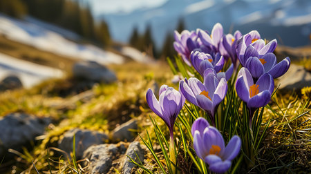 Field with flowers in mountain valley. Natural summer landscape, Colorful spring landscape in Carpathian mountains with fields of blooming crocuses. Marvelous outdoors sunrise in the mountain valley.の素材