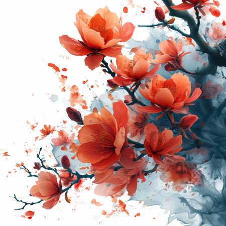 Vector background with spring cherry blossom. Sakura branch in springtime with falling petals and blurred transparent elementsの素材